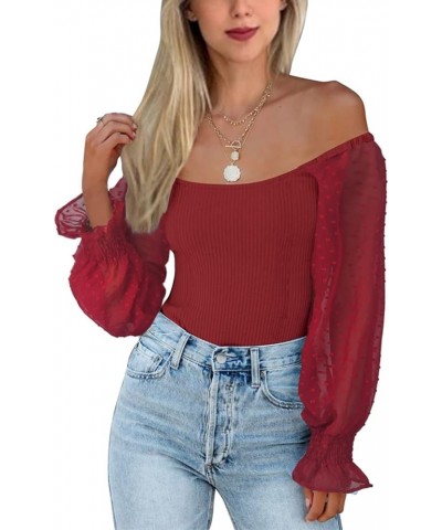 Women Square Neck Puff Long Sleeve Bodysuit Jumpsuit Off Shoulder Leotard Sheer Polka Dot Sleeve Shirts Tops Wine Red $9.99 B...