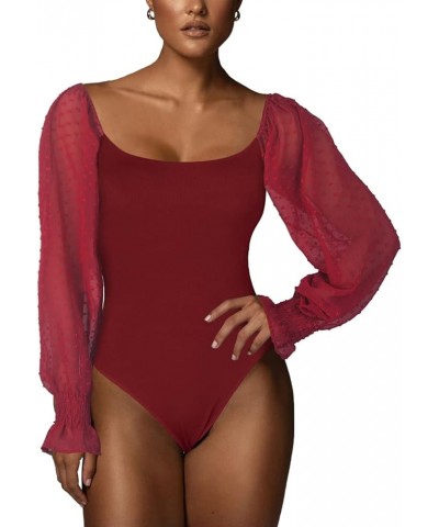 Women Square Neck Puff Long Sleeve Bodysuit Jumpsuit Off Shoulder Leotard Sheer Polka Dot Sleeve Shirts Tops Wine Red $9.99 B...