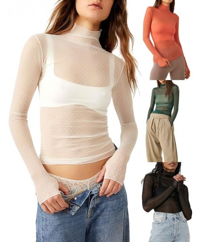 Women Long Sleeve Crop Top Shirts See Through Mesh Tops Turtleneck Slim Fit Basic Y2K Tops Dark Brown $6.26 T-Shirts