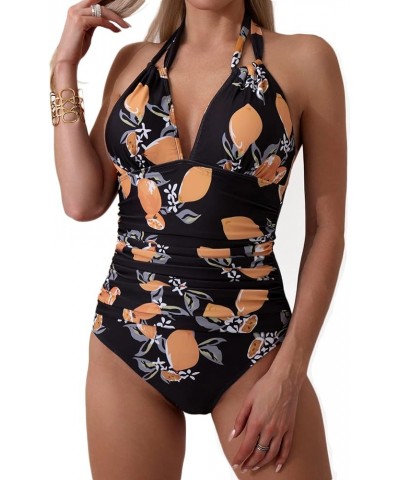 Women's One Piece Swimsuits Tummy Control Halter Slimming Bathing Suit Plunge 1 Piece Swimsuit for Woman Black, Orange, Yello...