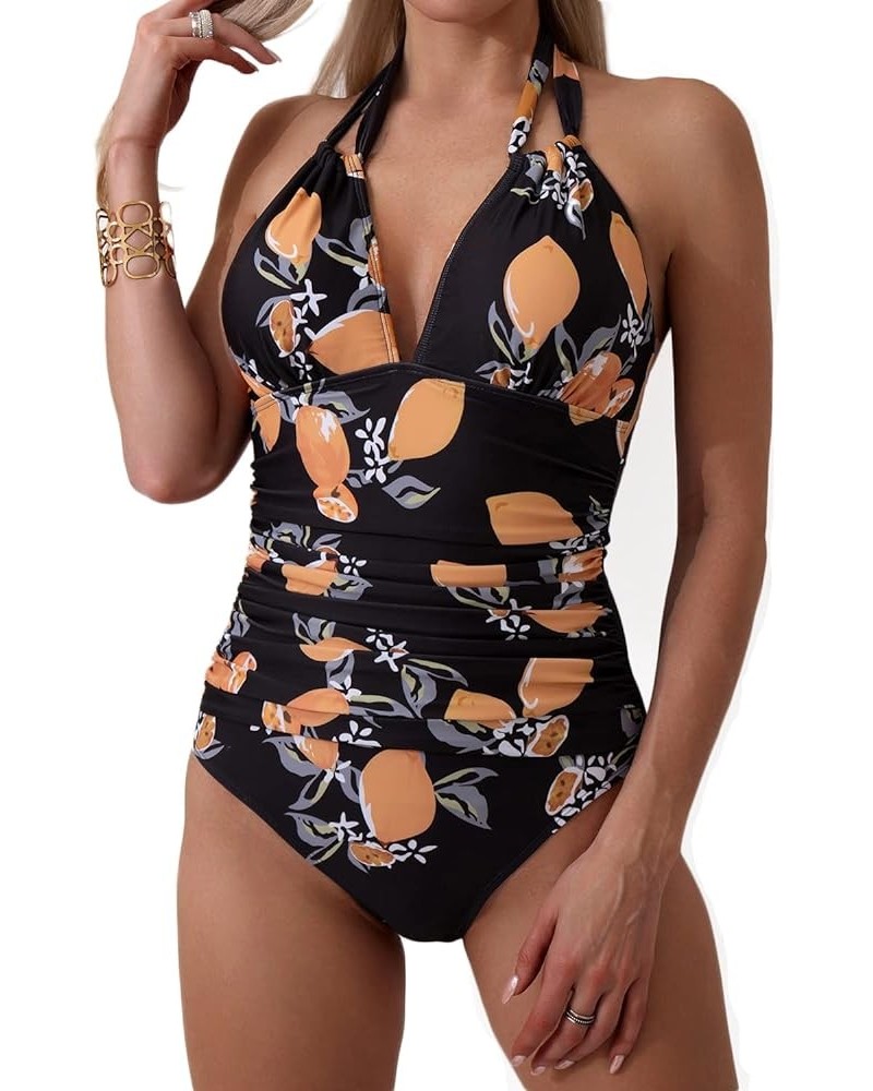 Women's One Piece Swimsuits Tummy Control Halter Slimming Bathing Suit Plunge 1 Piece Swimsuit for Woman Black, Orange, Yello...