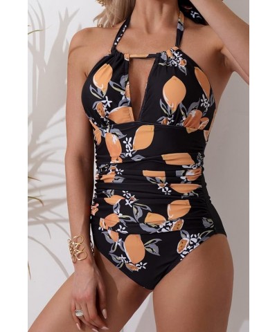 Women's One Piece Swimsuits Tummy Control Halter Slimming Bathing Suit Plunge 1 Piece Swimsuit for Woman Black, Orange, Yello...