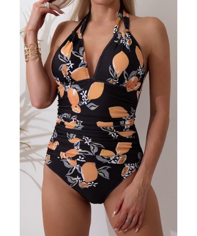 Women's One Piece Swimsuits Tummy Control Halter Slimming Bathing Suit Plunge 1 Piece Swimsuit for Woman Black, Orange, Yello...