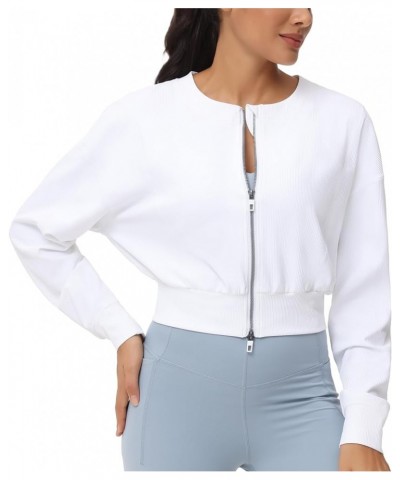 Women's Cropped Jackets Full Zip Long Sleeve Ribbed Workout Sweatshirts Lightweight Casual Tops White $19.88 Jackets