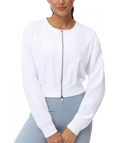 Women's Cropped Jackets Full Zip Long Sleeve Ribbed Workout Sweatshirts Lightweight Casual Tops White $19.88 Jackets