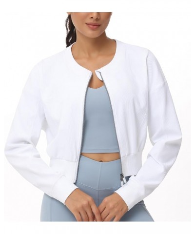 Women's Cropped Jackets Full Zip Long Sleeve Ribbed Workout Sweatshirts Lightweight Casual Tops White $19.88 Jackets