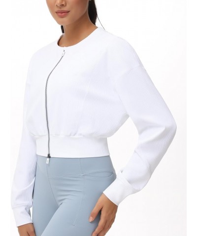 Women's Cropped Jackets Full Zip Long Sleeve Ribbed Workout Sweatshirts Lightweight Casual Tops White $19.88 Jackets