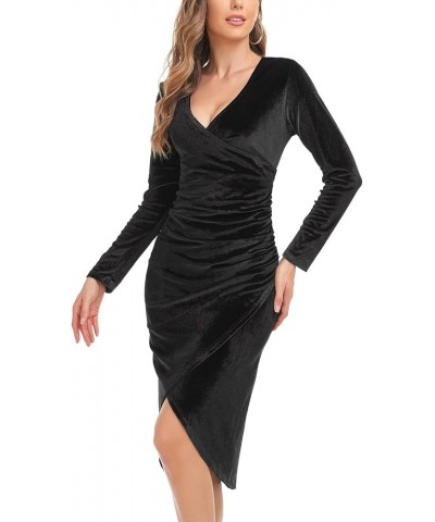 Women's Sexy Velvet Long Sleeve Dress Wrap V Neck Ruched Bodycon Split Cocktail Party Midi Dress Black $20.50 Dresses