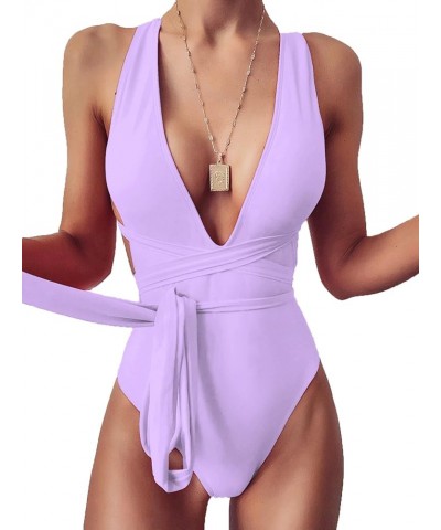 Sexy Tie Criss Cross Plunge One Piece Thong Swimsuit High Cut Brazilian Bathing Suit Light Purple $16.80 Swimsuits