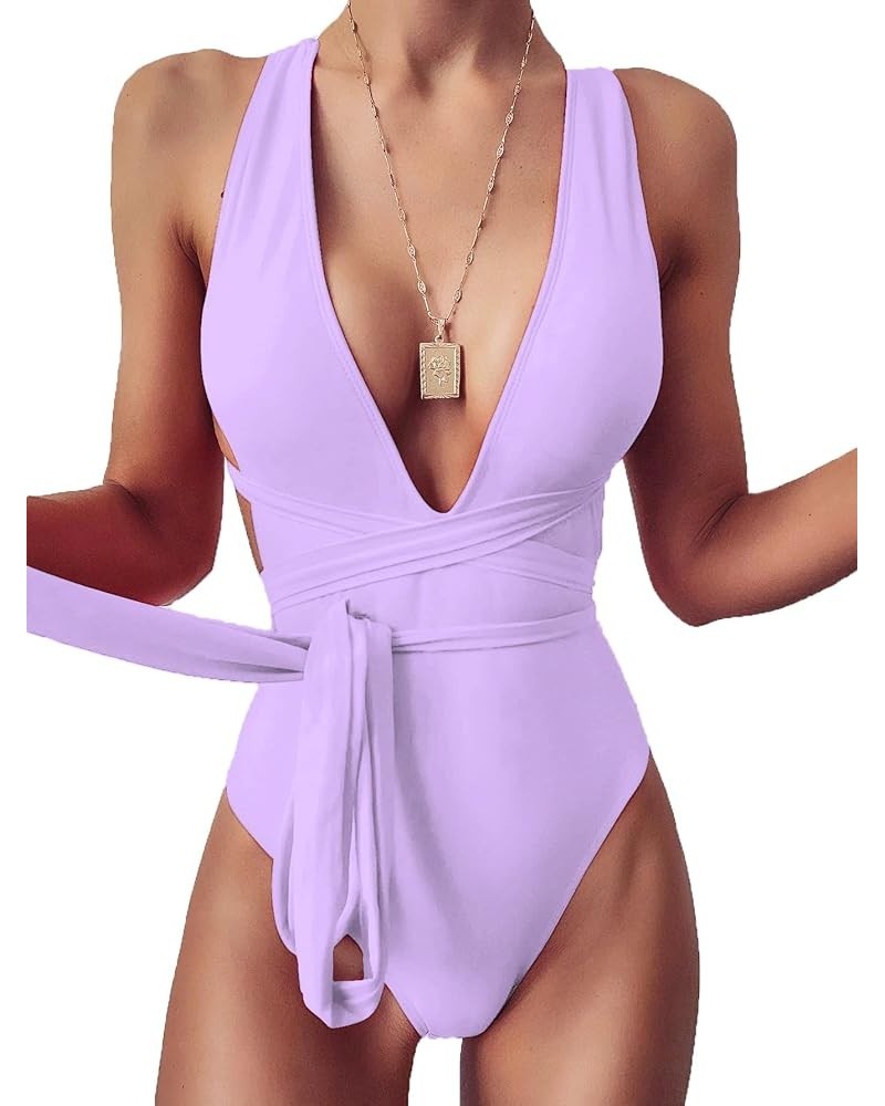 Sexy Tie Criss Cross Plunge One Piece Thong Swimsuit High Cut Brazilian Bathing Suit Light Purple $16.80 Swimsuits