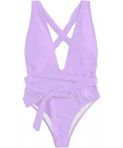 Sexy Tie Criss Cross Plunge One Piece Thong Swimsuit High Cut Brazilian Bathing Suit Light Purple $16.80 Swimsuits