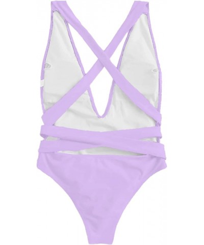 Sexy Tie Criss Cross Plunge One Piece Thong Swimsuit High Cut Brazilian Bathing Suit Light Purple $16.80 Swimsuits