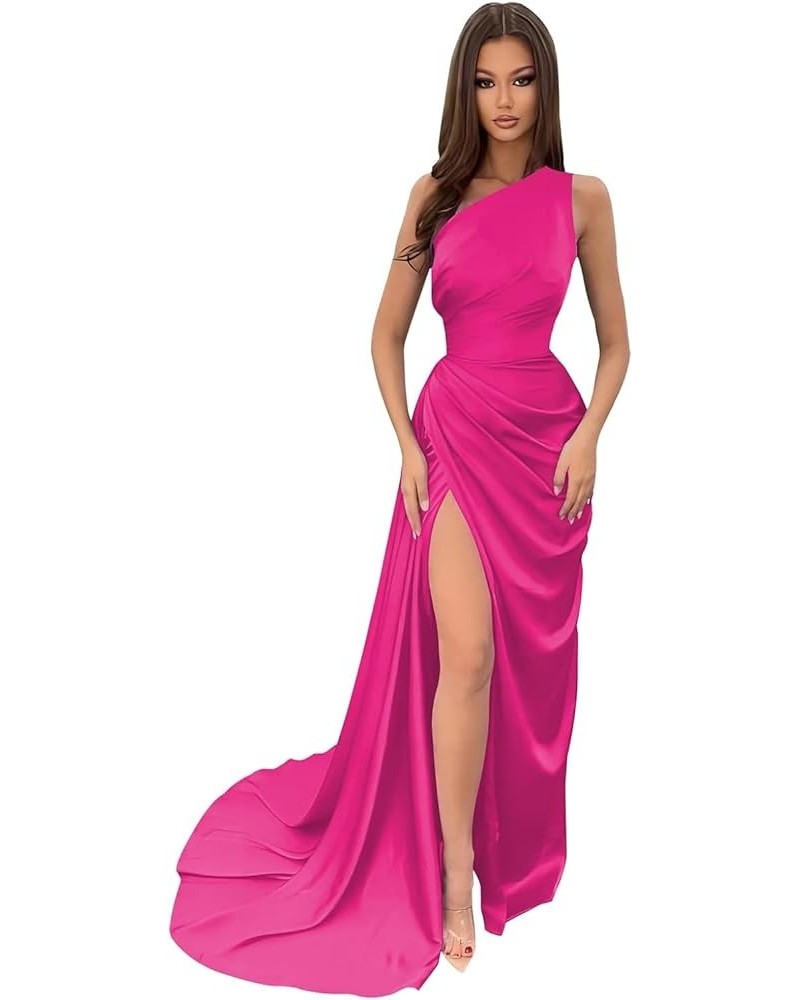 Women's One Shoulder Mermaid Prom Dress with Slit Satin Bridesmaid Dresses Long Ruched Formal Evening Gown Hot Pink $29.72 Dr...