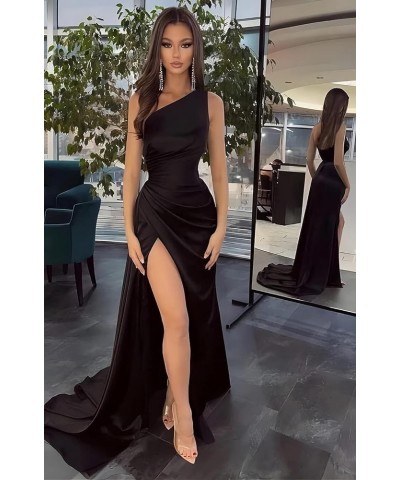 Women's One Shoulder Mermaid Prom Dress with Slit Satin Bridesmaid Dresses Long Ruched Formal Evening Gown Hot Pink $29.72 Dr...