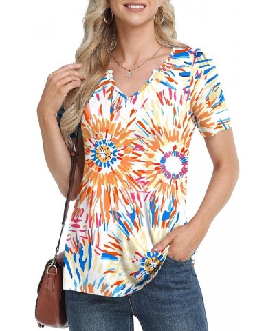 Women's 2024 Summer Short Sleeve Tunic Tops Casual Loose V Neck Comfy T-shirts Blouse For Leggings Colorful Fireworks $12.00 ...