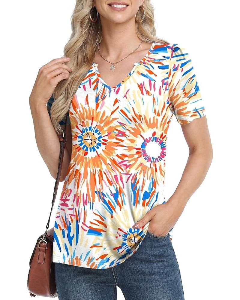 Women's 2024 Summer Short Sleeve Tunic Tops Casual Loose V Neck Comfy T-shirts Blouse For Leggings Colorful Fireworks $12.00 ...