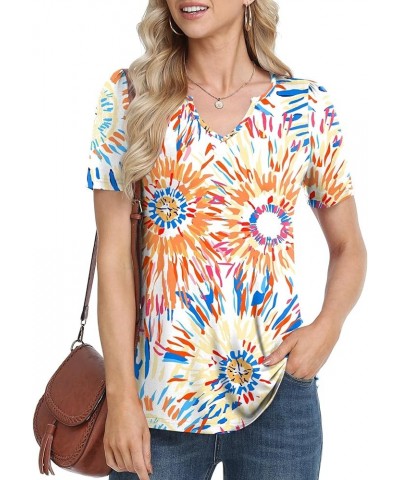 Women's 2024 Summer Short Sleeve Tunic Tops Casual Loose V Neck Comfy T-shirts Blouse For Leggings Colorful Fireworks $12.00 ...