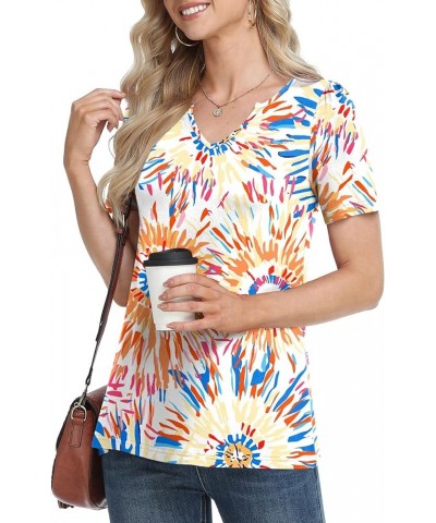 Women's 2024 Summer Short Sleeve Tunic Tops Casual Loose V Neck Comfy T-shirts Blouse For Leggings Colorful Fireworks $12.00 ...