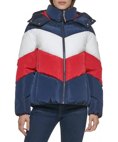 Women's Multi Color Chevron Striped Hooded Short Puffer Jacket Red/Wht/Nvy $36.40 Jackets