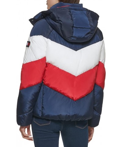 Women's Multi Color Chevron Striped Hooded Short Puffer Jacket Red/Wht/Nvy $36.40 Jackets