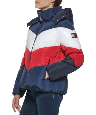 Women's Multi Color Chevron Striped Hooded Short Puffer Jacket Red/Wht/Nvy $36.40 Jackets