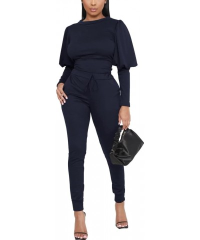 Women 2 Pieces Outfits Puff Sleeve Top And Jogger Pants Sweatpants Set Tracksuits Dark Blue $20.00 Activewear