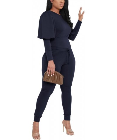 Women 2 Pieces Outfits Puff Sleeve Top And Jogger Pants Sweatpants Set Tracksuits Dark Blue $20.00 Activewear