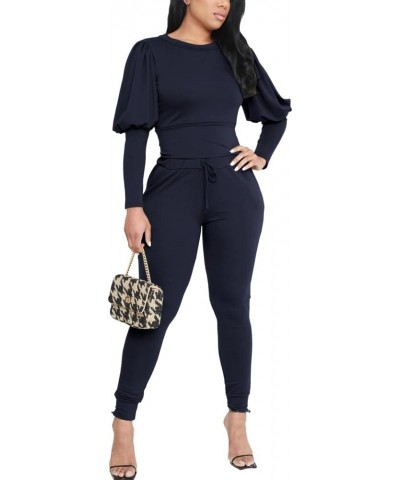 Women 2 Pieces Outfits Puff Sleeve Top And Jogger Pants Sweatpants Set Tracksuits Dark Blue $20.00 Activewear