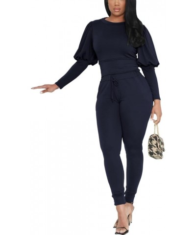 Women 2 Pieces Outfits Puff Sleeve Top And Jogger Pants Sweatpants Set Tracksuits Dark Blue $20.00 Activewear