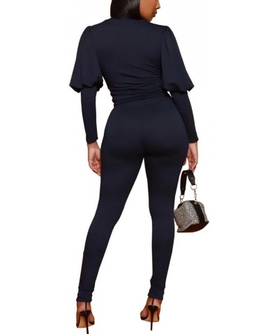 Women 2 Pieces Outfits Puff Sleeve Top And Jogger Pants Sweatpants Set Tracksuits Dark Blue $20.00 Activewear