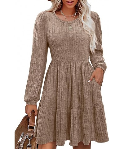 Women's Long Sleeve Knit Sweater Dress Casual Crewneck Knee Length Babydoll Dresses with Pockets 2024 Khaki $21.99 Dresses