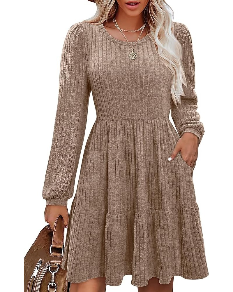 Women's Long Sleeve Knit Sweater Dress Casual Crewneck Knee Length Babydoll Dresses with Pockets 2024 Khaki $21.99 Dresses