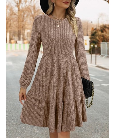 Women's Long Sleeve Knit Sweater Dress Casual Crewneck Knee Length Babydoll Dresses with Pockets 2024 Khaki $21.99 Dresses