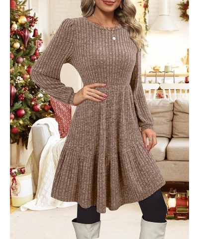 Women's Long Sleeve Knit Sweater Dress Casual Crewneck Knee Length Babydoll Dresses with Pockets 2024 Khaki $21.99 Dresses