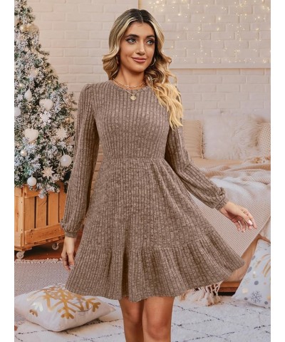 Women's Long Sleeve Knit Sweater Dress Casual Crewneck Knee Length Babydoll Dresses with Pockets 2024 Khaki $21.99 Dresses