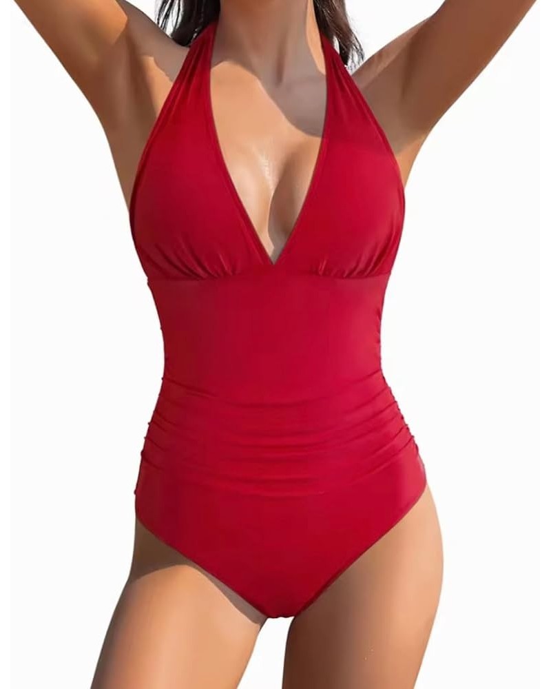 Women Sexy Halter 1 Piece Swimsuit Slimming Tummy Control Bathing Suits 1 Red $20.99 Swimsuits