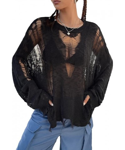 Women's Hollow Out Sheer Knit Top Ripped Long Sleeve Loose Pullover Sweater Black $16.45 Sweaters