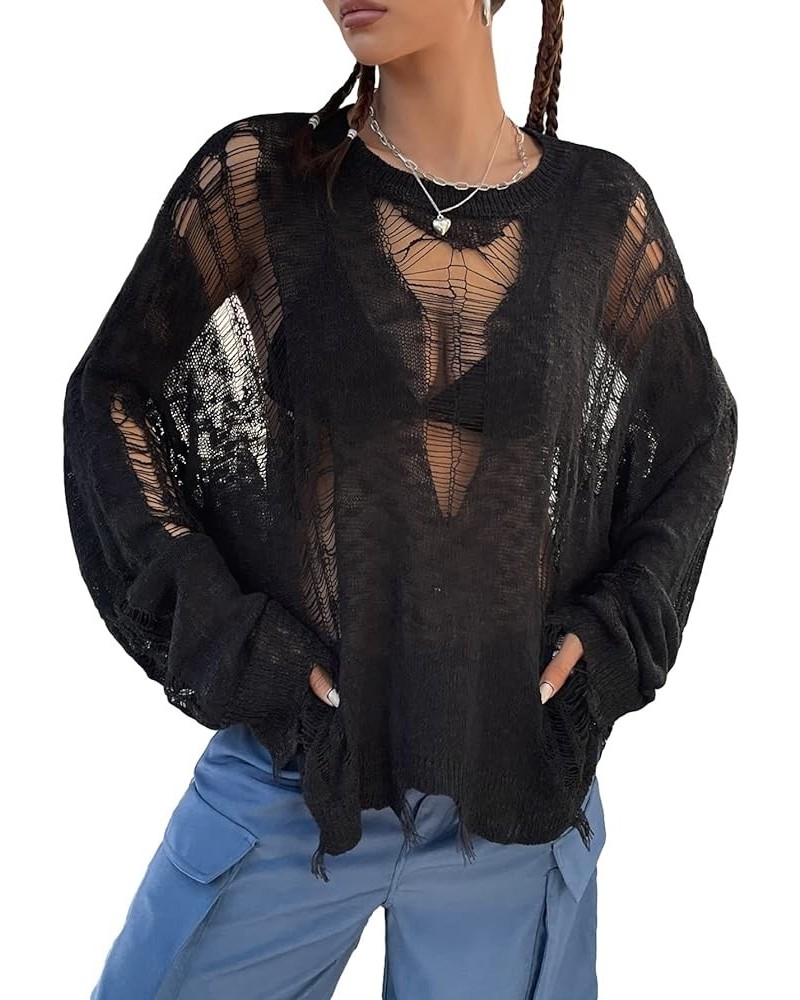 Women's Hollow Out Sheer Knit Top Ripped Long Sleeve Loose Pullover Sweater Black $16.45 Sweaters