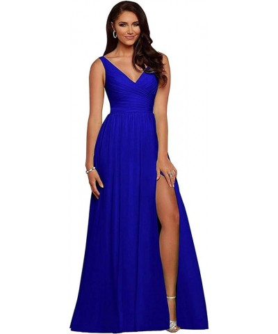 Women's V Neck Bridesmaid Dress with Slit,A Line Pleated Chiffon Formal Evening Prom Party Formal Gowns Royal Blue $29.61 Dre...