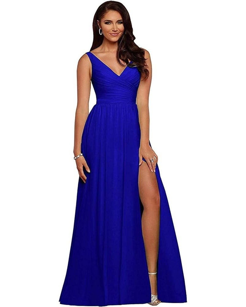 Women's V Neck Bridesmaid Dress with Slit,A Line Pleated Chiffon Formal Evening Prom Party Formal Gowns Royal Blue $29.61 Dre...