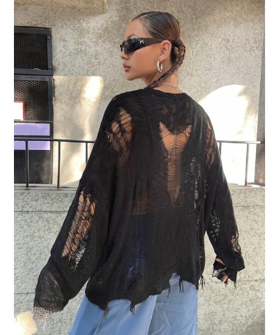 Women's Hollow Out Sheer Knit Top Ripped Long Sleeve Loose Pullover Sweater Black $16.45 Sweaters