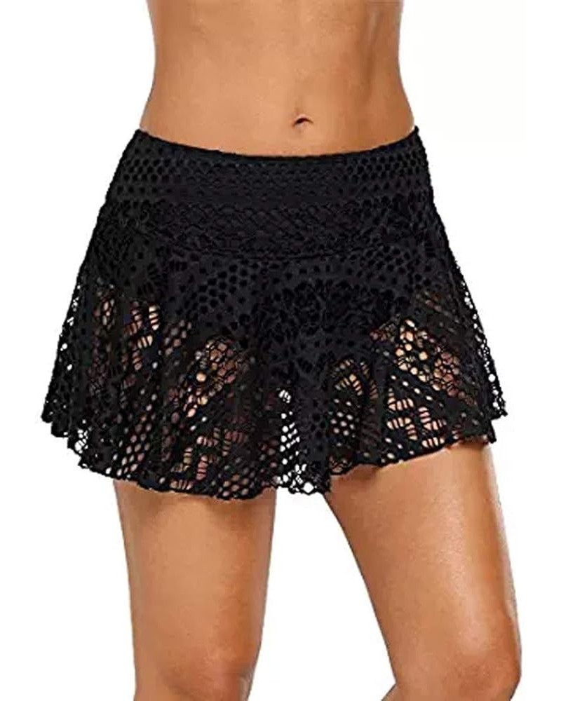 Womens Swim Skirt Lace Crochet Skort Bikini Bottom Swimsuit Short Skort Swimdress Bottom with Brief Solid Swim Short Black $6...