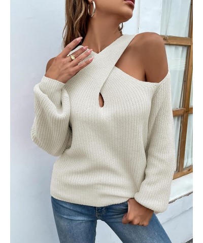 Women's 2023 Fashion Sexy Criss Cross Ribbed Knit Long Sleeve Pullover Casual Soft Off The Shoulder Sweater White $12.17 Swea...