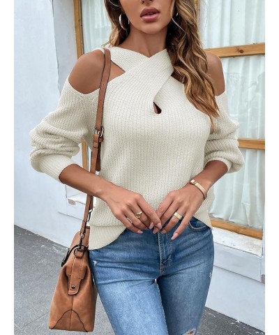 Women's 2023 Fashion Sexy Criss Cross Ribbed Knit Long Sleeve Pullover Casual Soft Off The Shoulder Sweater White $12.17 Swea...