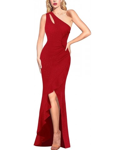 Womens Formal Ruched Ruffle One Shoulder Slit Cutout Evening Gown Fitted Wedding Maxi Long Dress Sparkly Red $34.08 Dresses