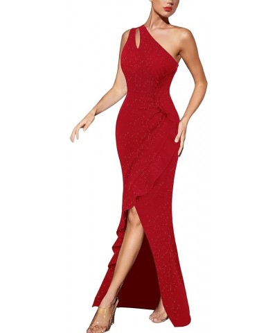 Womens Formal Ruched Ruffle One Shoulder Slit Cutout Evening Gown Fitted Wedding Maxi Long Dress Sparkly Red $34.08 Dresses