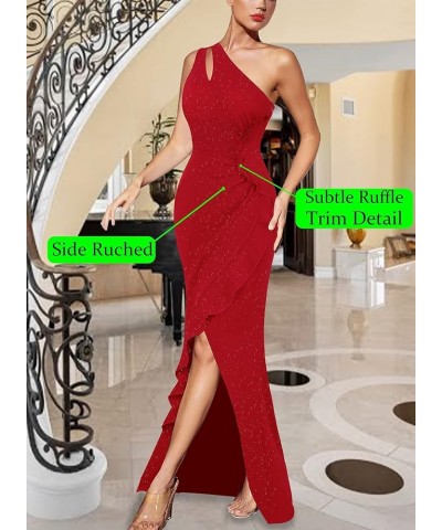 Womens Formal Ruched Ruffle One Shoulder Slit Cutout Evening Gown Fitted Wedding Maxi Long Dress Sparkly Red $34.08 Dresses