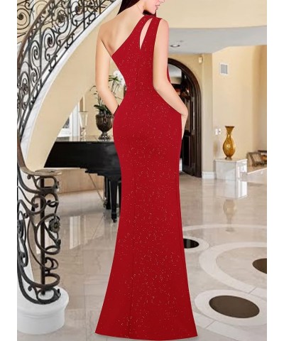 Womens Formal Ruched Ruffle One Shoulder Slit Cutout Evening Gown Fitted Wedding Maxi Long Dress Sparkly Red $34.08 Dresses