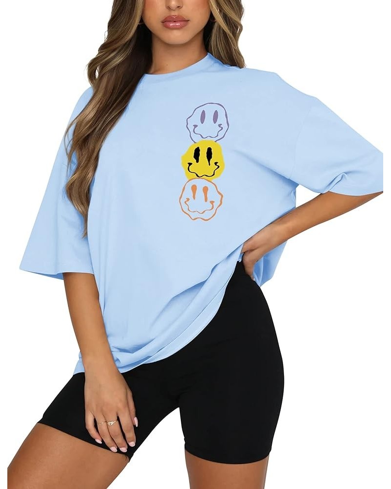 Women Florida Letter Graphic Oversized Tee Shirt Drop Shoulder Loose Fit Preppy Short Sleeve T-Shirt Top Casual Y-sky Blue $1...