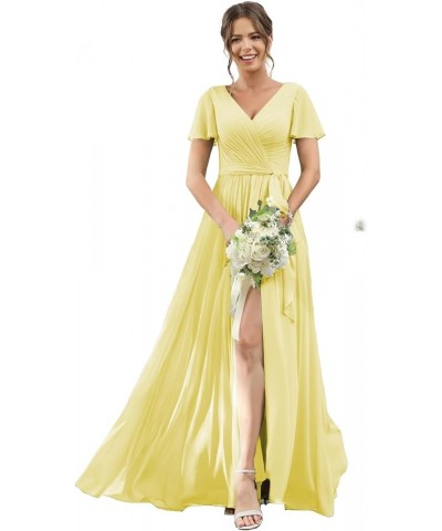 Women's Flutter Sleeves Bridesmaid Dress with Slit V Neck Faux-Wrap Chiffon Long Formal Dresses with Pockets TN028 Canary $28...